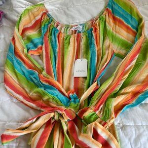 Colorful Striped Blouse with Tie Waist - Size Medium